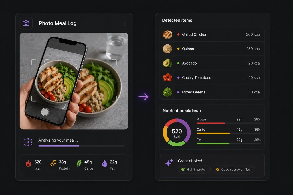 Photo meal log — snap a meal, get macros and ingredient breakdown